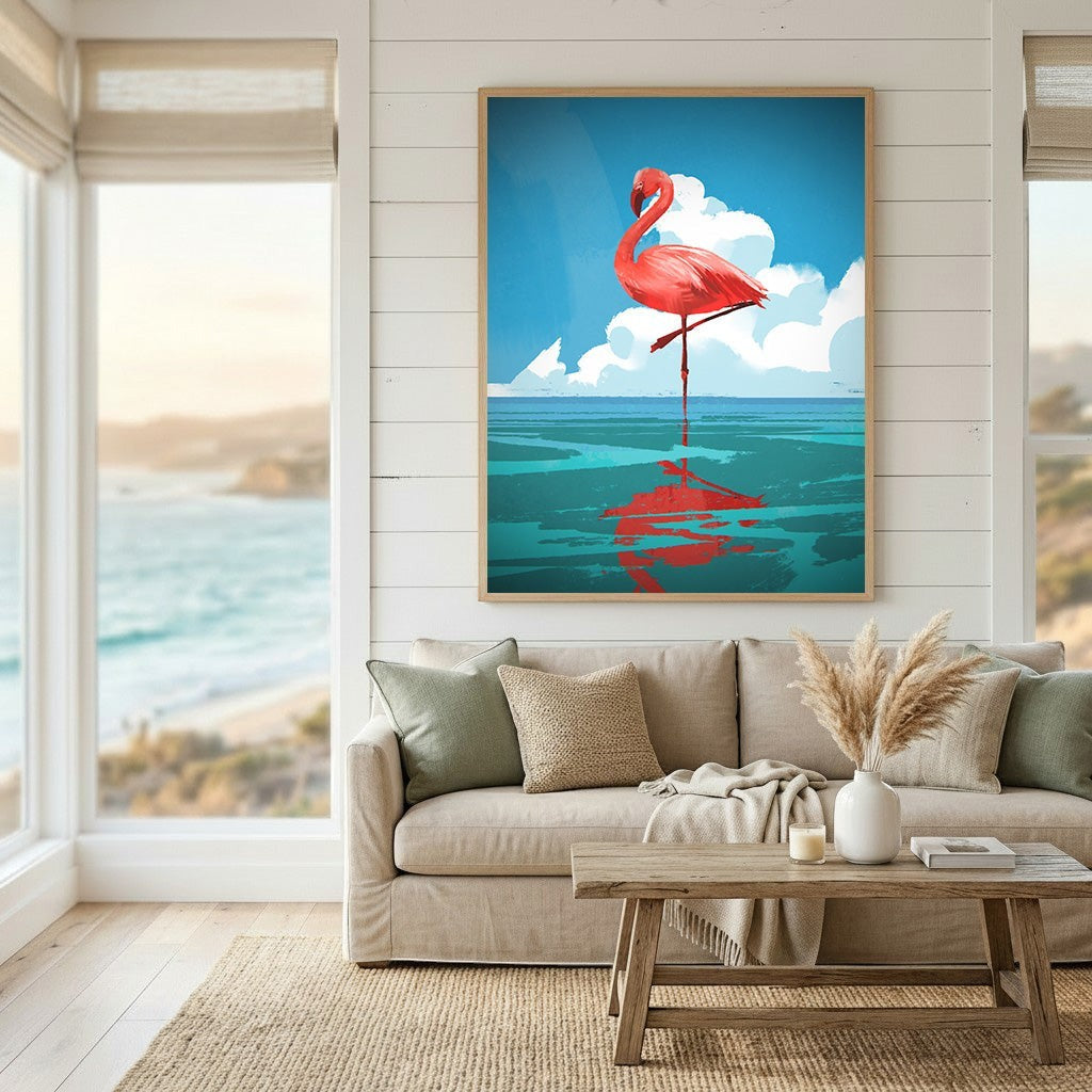 Wadi Home flamingo wall art print featuring a vibrant pink bird in blue water, displayed in a modern coastal living room
