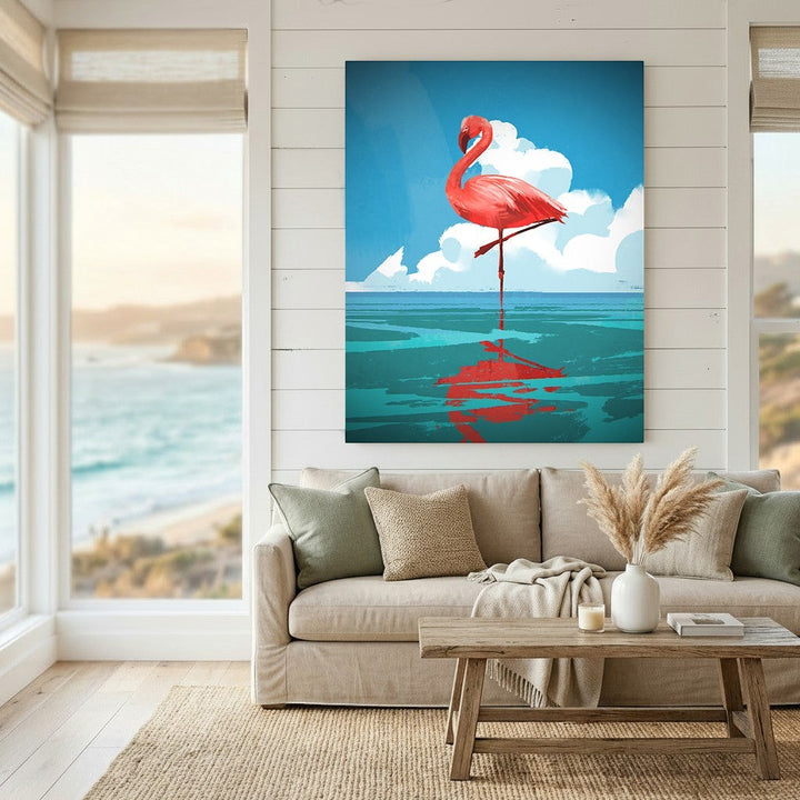 Wadi Home flamingo wall art print featuring a vibrant pink bird in blue water, displayed in a modern living room.