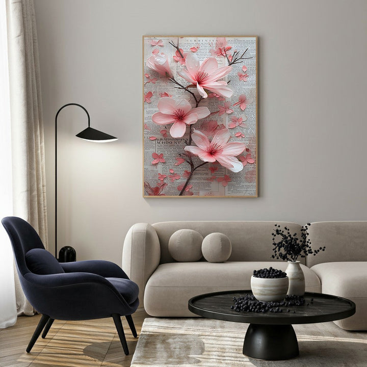 Wadi Home floral branch wall art with soft pink blossoms on a vintage newspaper background.
