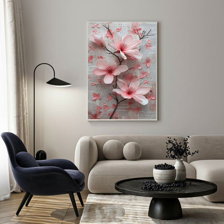 Wadi Home floral branch wall art with pink blossoms on vintage newspaper background.