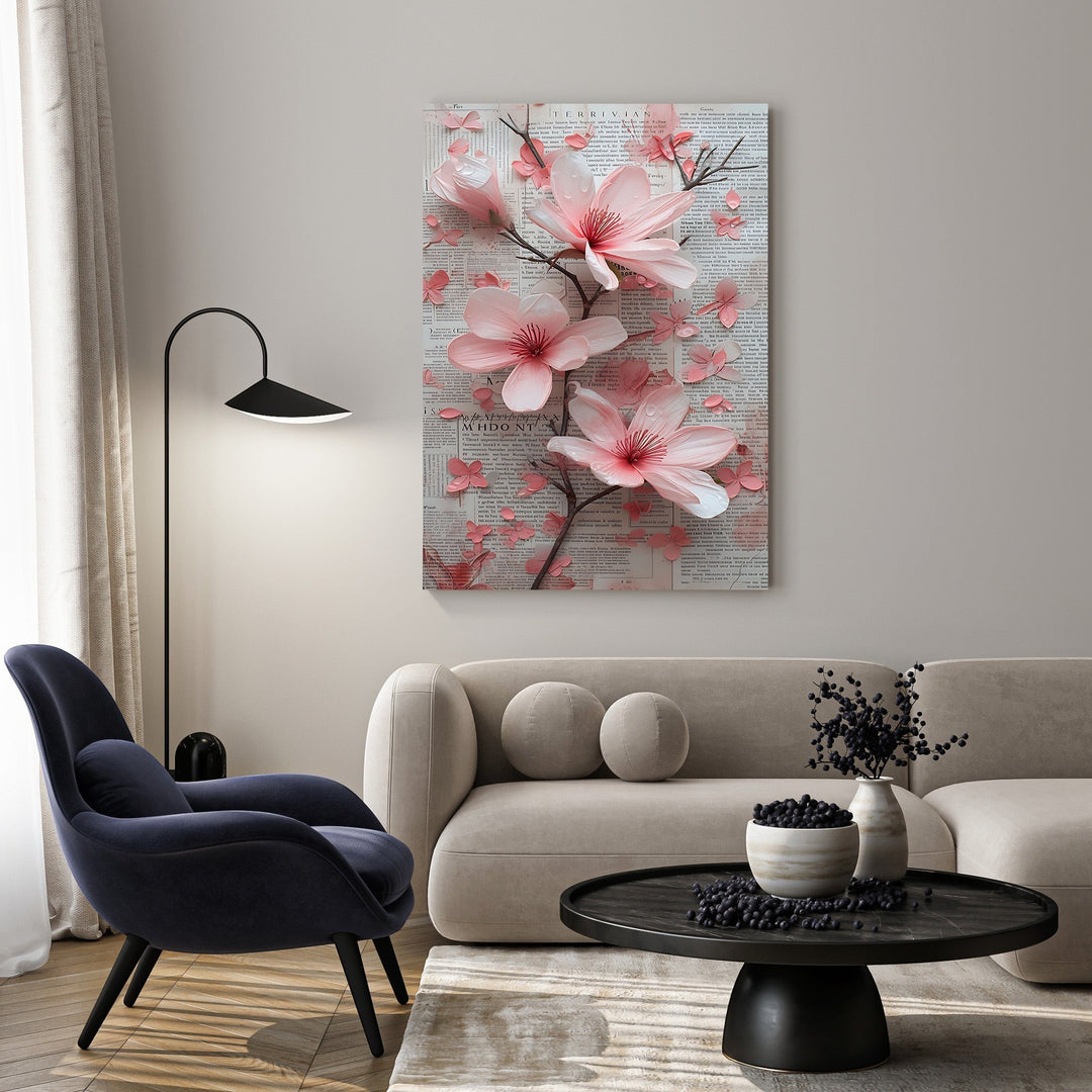 Wadi Home floral branch wall art with soft pink blossoms on vintage text background.