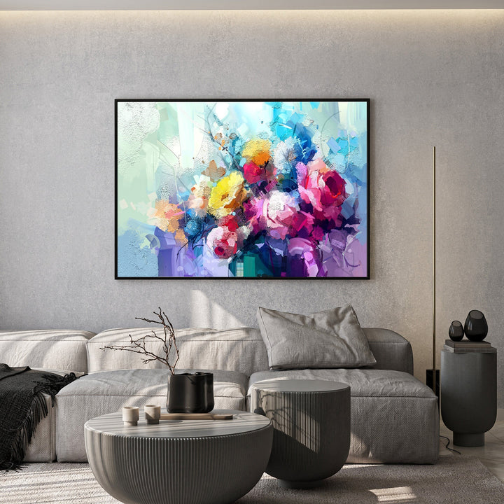 Wadi Home vibrant floral impressionist canvas art with pink, yellow, and blue flowers. Expressive painterly style.