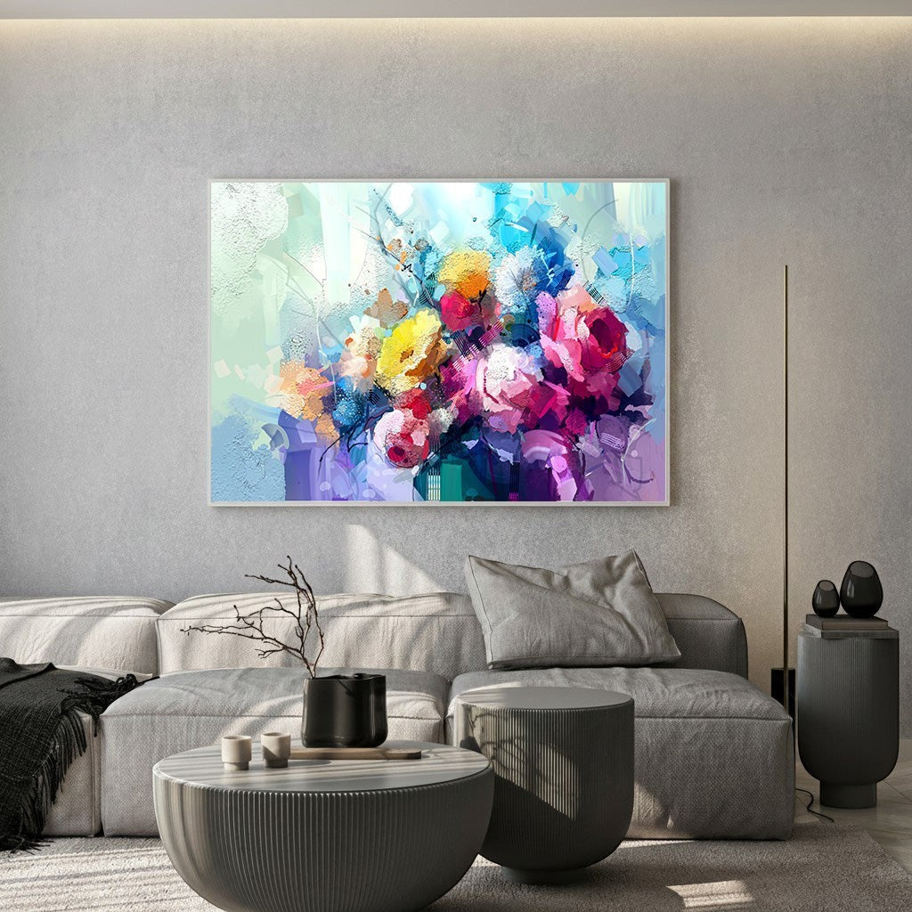 Wadi Home vibrant floral impressionist canvas art with pink, yellow, and blue flowers in a painterly style.