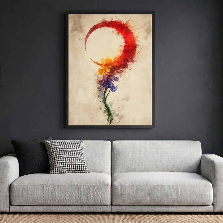 Wadi Home abstract floral crescent moon wall art print with red, orange, and purple watercolor tones in a black frame.