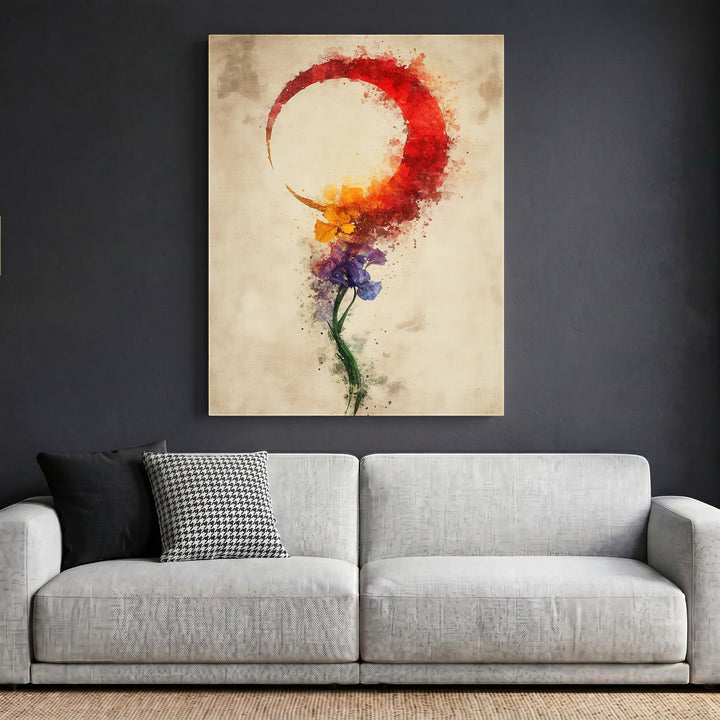 Wadi Home abstract floral crescent moon wall art print with red, orange, and purple watercolor design above a sofa.