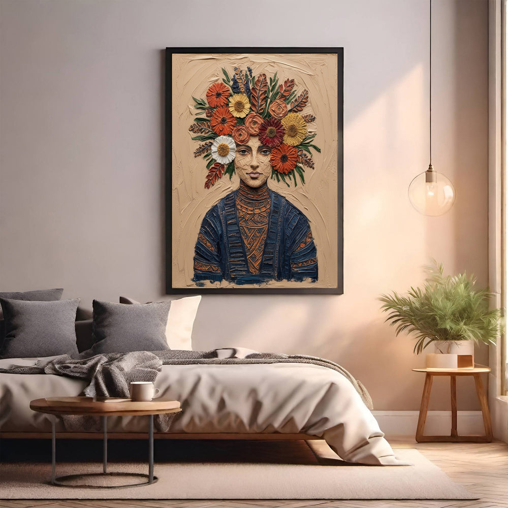 Wadi Home floral crown portrait wall art featuring a woman with a vibrant, textured floral headdress in blues and oranges.