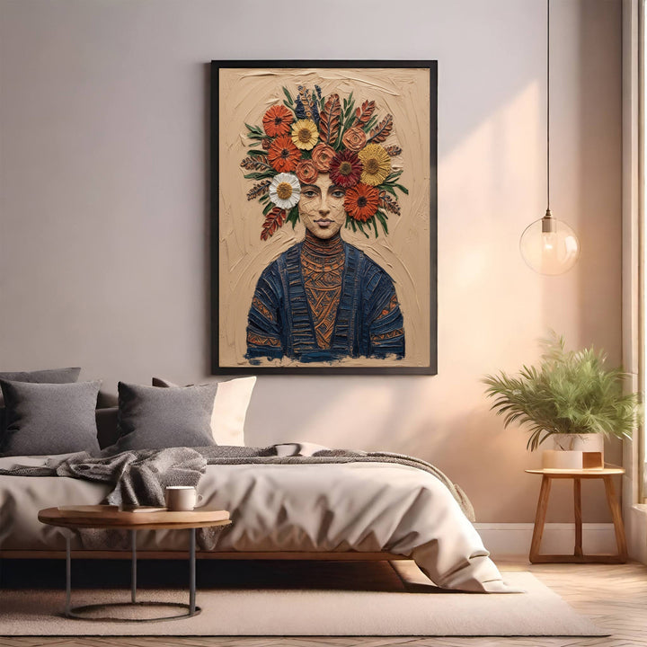 Wadi Home floral crown portrait wall art featuring a woman with a vibrant, textured floral headdress in blues and oranges.