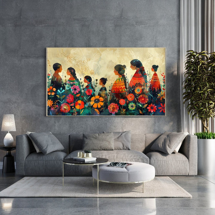Wadi Home vibrant floral figures wall art with colorful flowers and textured background.
