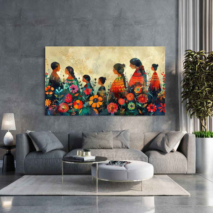 Wadi Home vibrant floral figures wall art with colorful flowers and textured background.