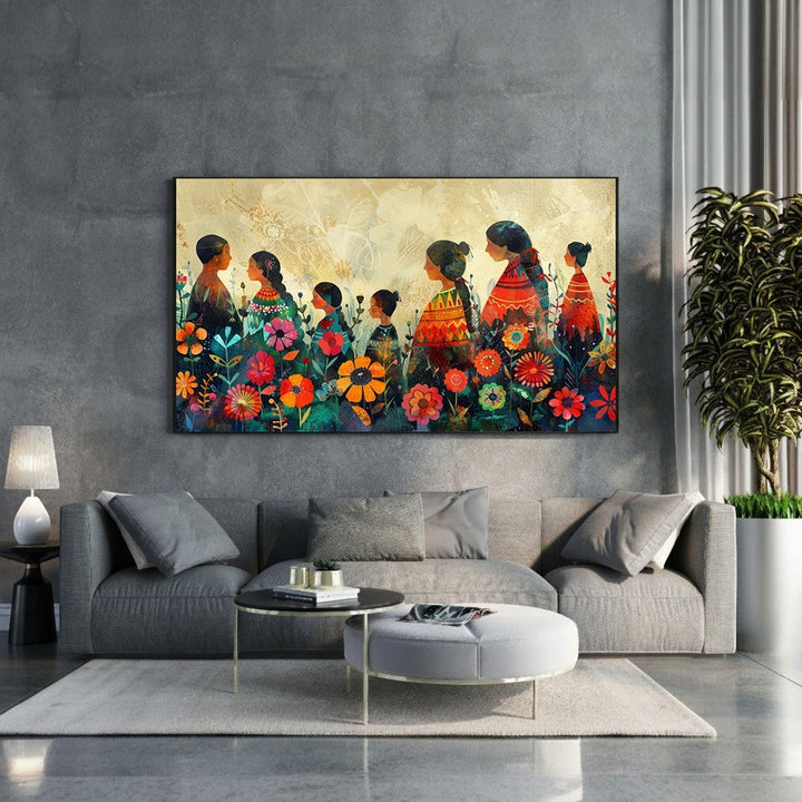 Wadi Home vibrant floral figures wall art with colorful flowers and textured background.