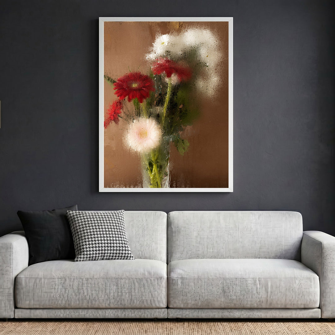 Wadi Home floral still life wall art with red and white flowers behind a rain-kissed glass effect in a white frame.