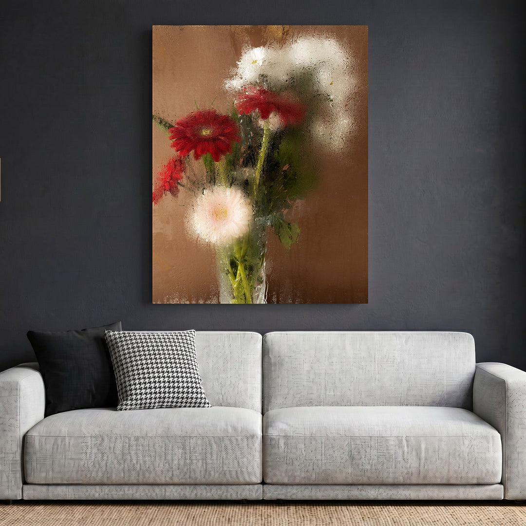 Wadi Home floral still life wall art with red and white flowers on a brown background, featuring a rain-kissed effect.