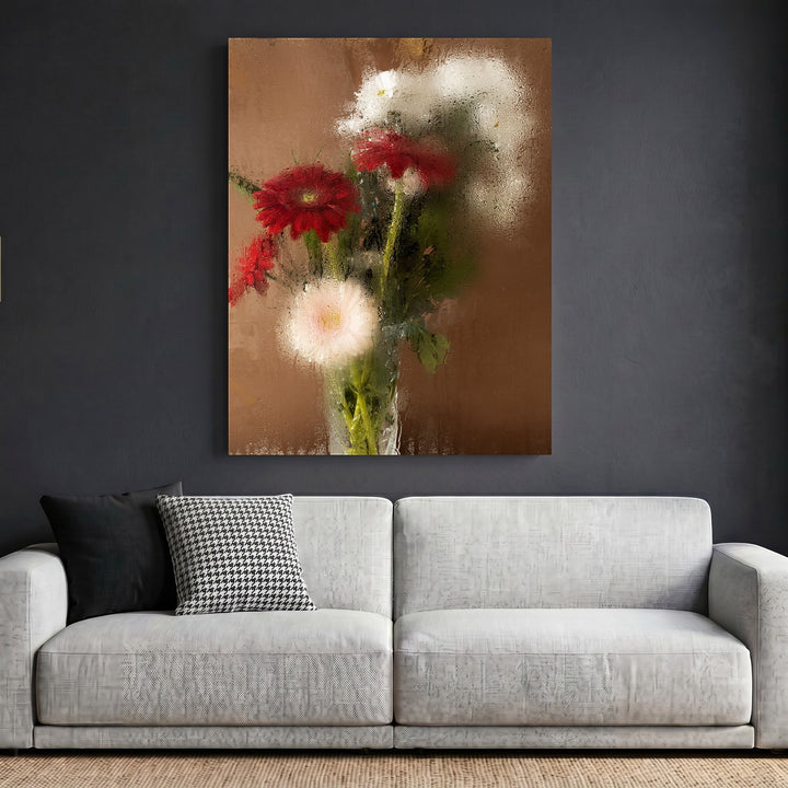 Wadi Home floral still life wall art with red and white flowers on a brown background, featuring a rain-kissed effect.