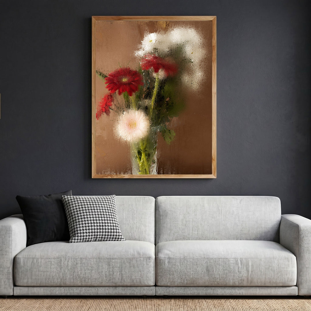Wadi Home floral still life wall art featuring red and white flowers with a rain-kissed effect in a wooden frame.