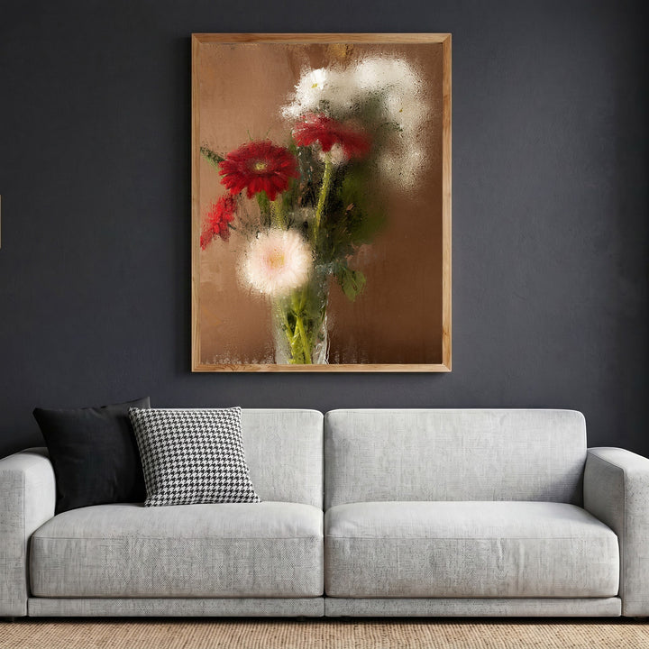 Wadi Home floral still life wall art featuring red and white flowers with a rain-kissed effect in a wooden frame.