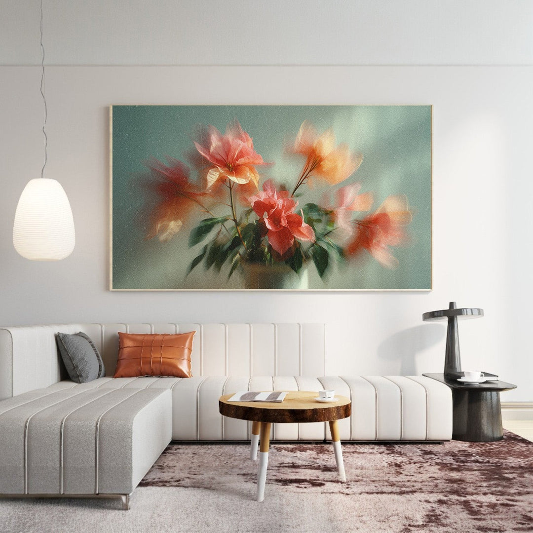 Wadi Home impressionistic floral wall art with coral and peach blossoms on canvas.
