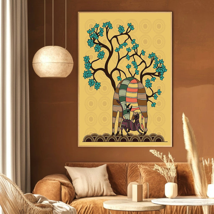 Wadi Home traditional folk art canvas print featuring stylized animals under a blooming tree on a golden yellow wall.