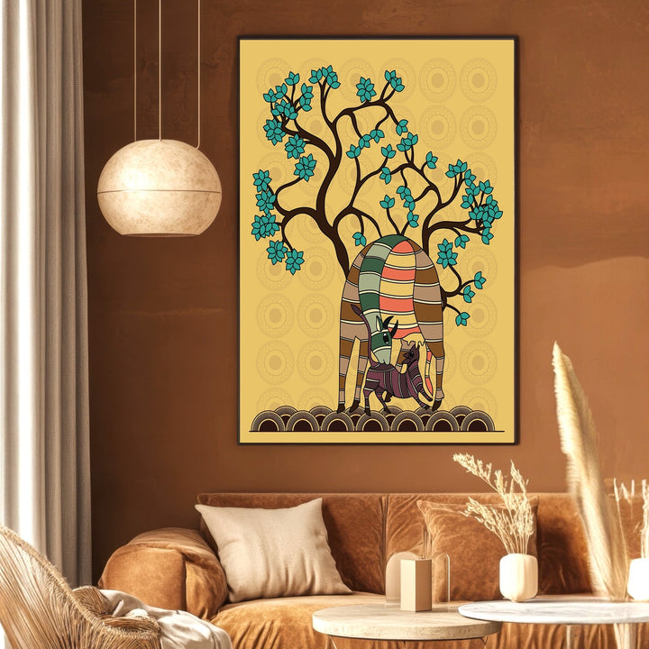 Wadi Home folk art canvas print featuring stylized animals under a blooming tree on a golden yellow background.
