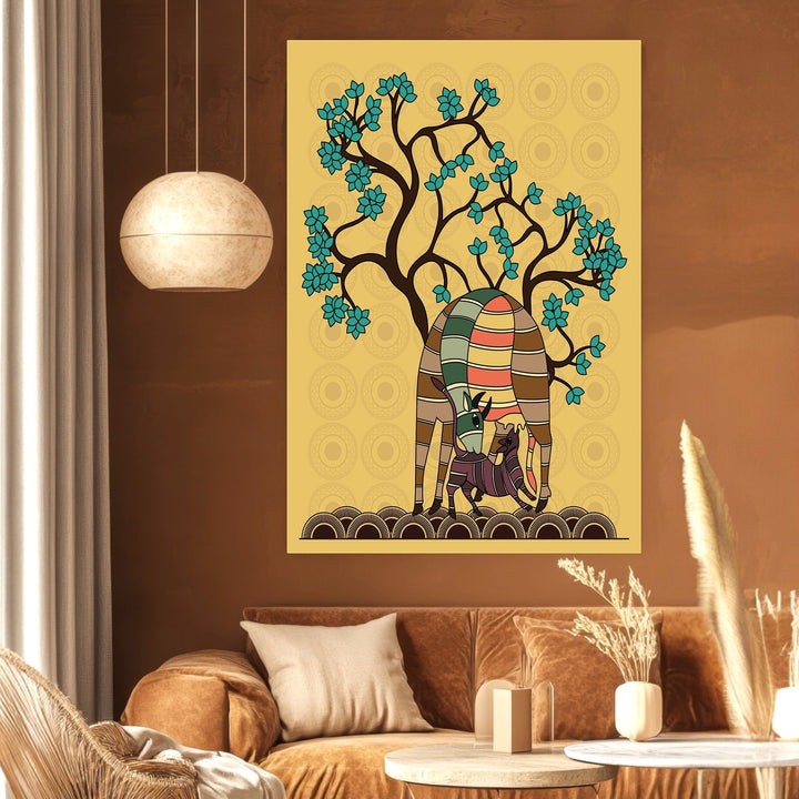 Wadi Home folk art canvas print featuring stylized animals under a blooming tree on a golden yellow background.
