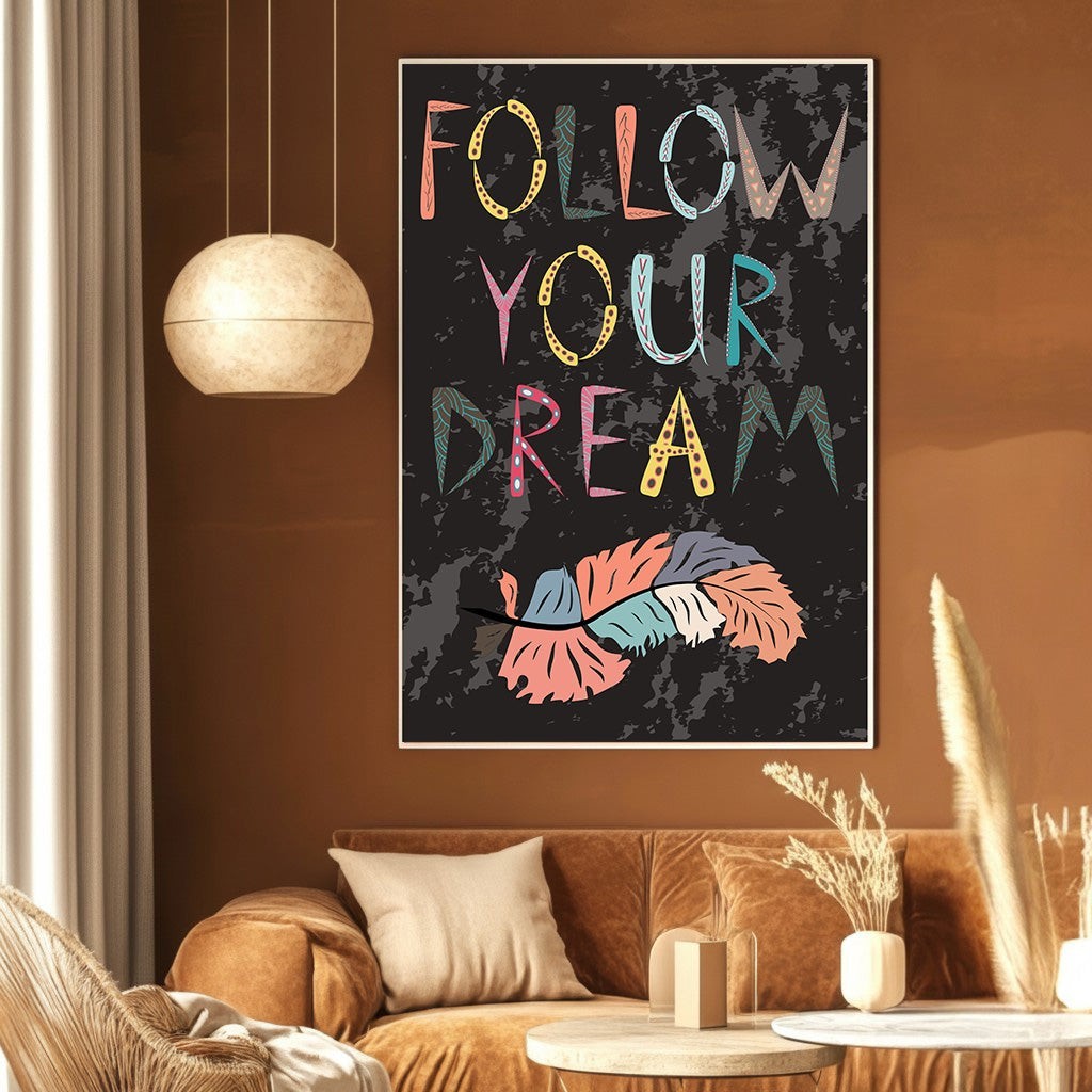 Wadi Home Follow Your Dream wall art print with bohemian feather illustration on a textured black background