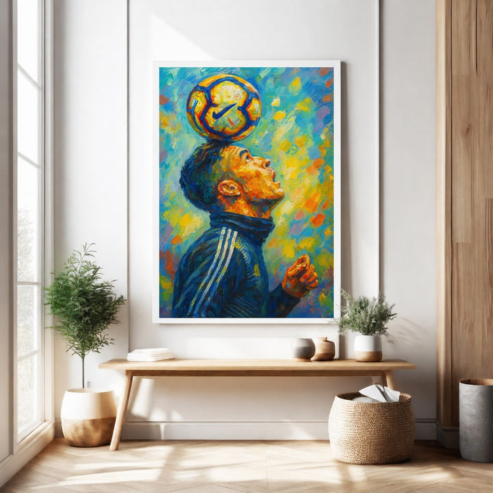 Wadi Home framed print of a football player balancing a ball on his head, vibrant oil painting style, blue and yellow.