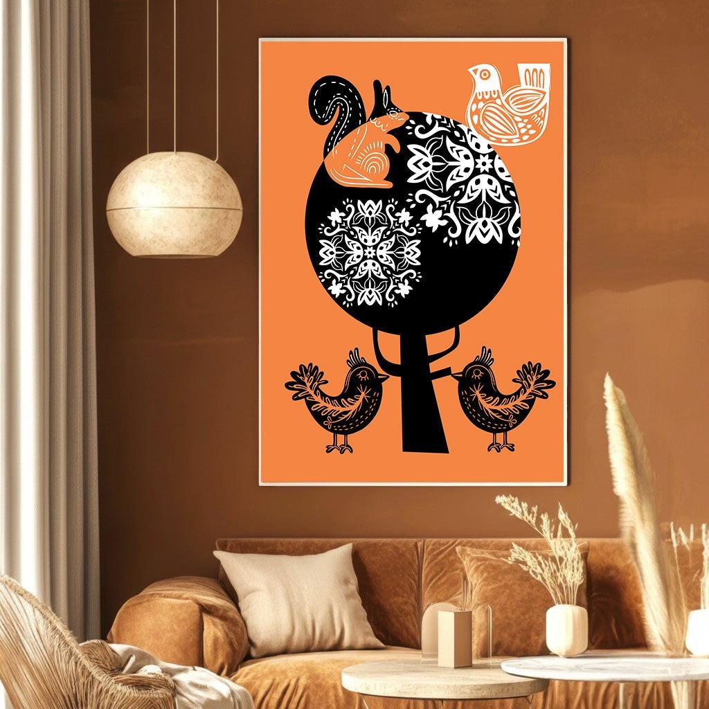 Wadi Home whimsical forest animal wall art print featuring a squirrel and birds on an orange background in a living room