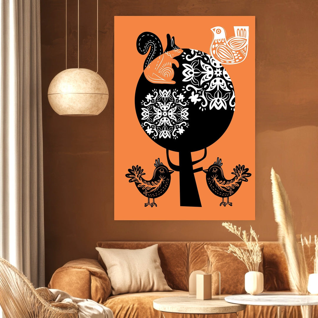 Wadi Home whimsical forest animal wall art print featuring a squirrel and birds in a folk-art tree on orange background
