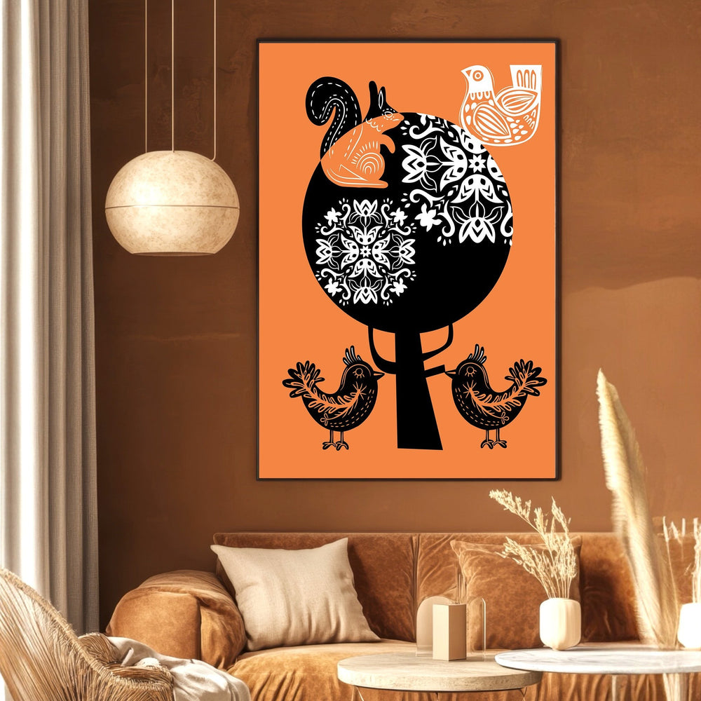 Wadi Home whimsical forest animal wall art print with squirrel and birds in black and white on a vibrant orange background