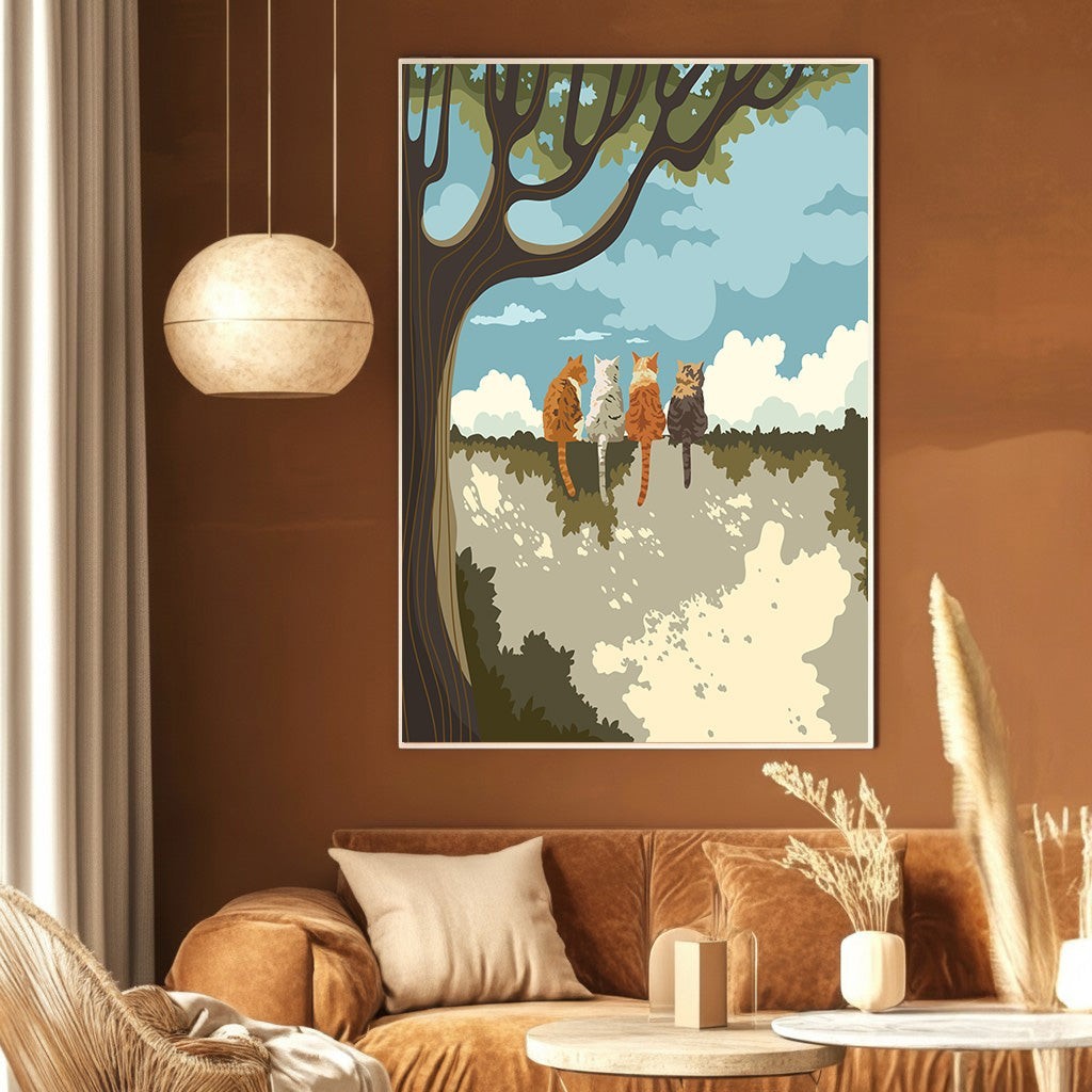 Wadi Home wall art print featuring four cats sitting under a tree in a painterly landscape with earthy tones.