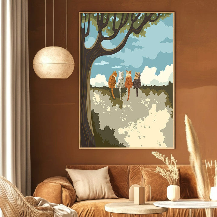 Wadi Home wall art print featuring four cats sitting under a tree in a painterly landscape with earthy tones.