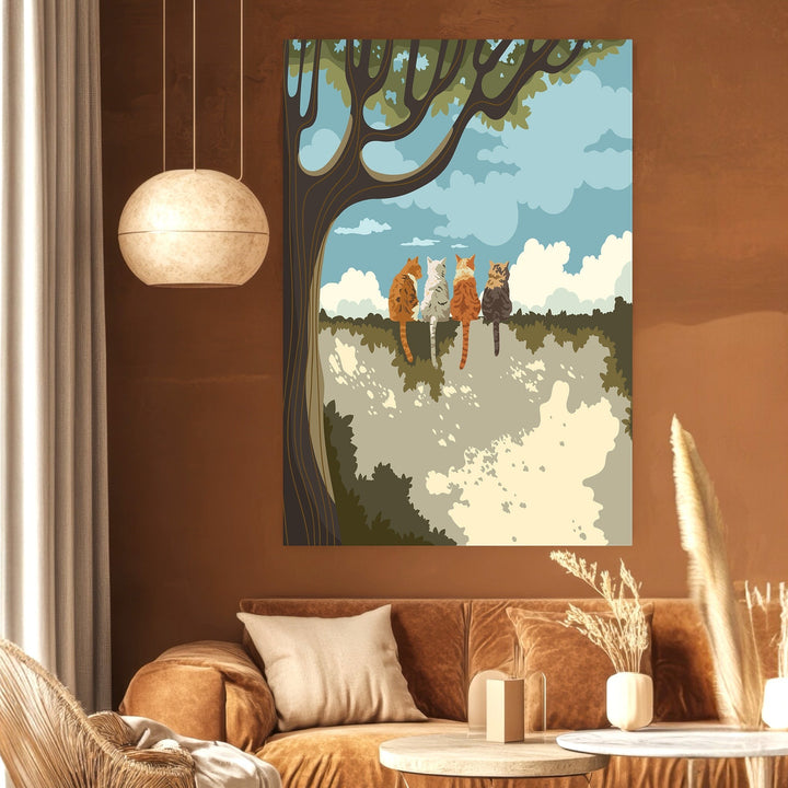 Wadi Home wall art print featuring four cats sitting under a tree in a painterly landscape with earthy tones and blue sky