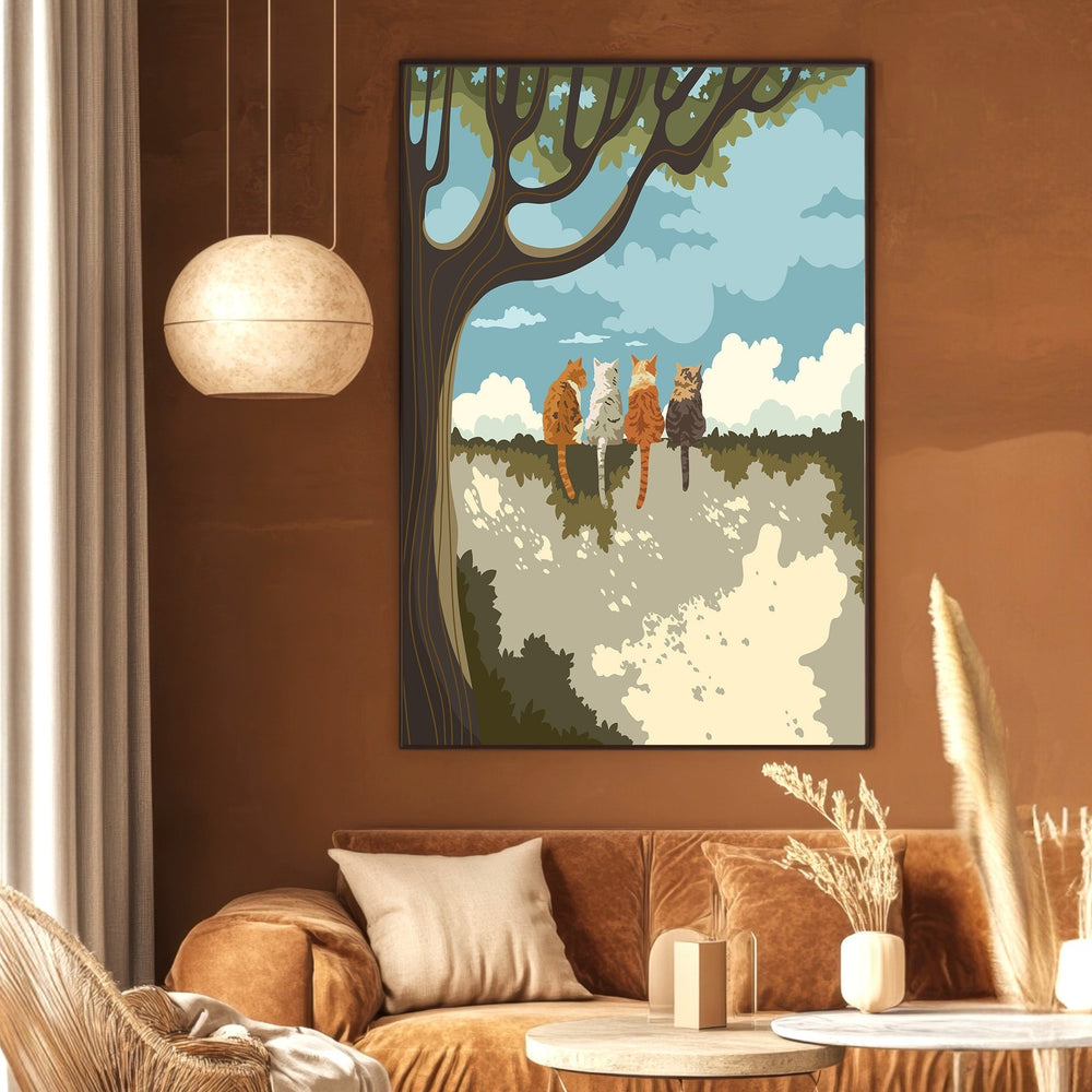 Wadi Home wall art print featuring four cats sitting under a tree in a painterly landscape with earthy tones.