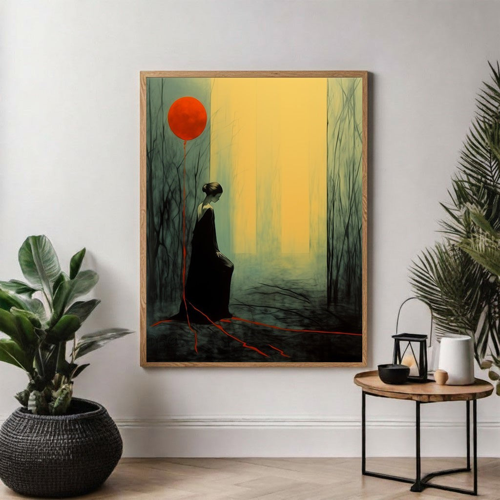 Wadi Home framed art print of a woman in a black dress holding a red balloon in a dark, misty forest.