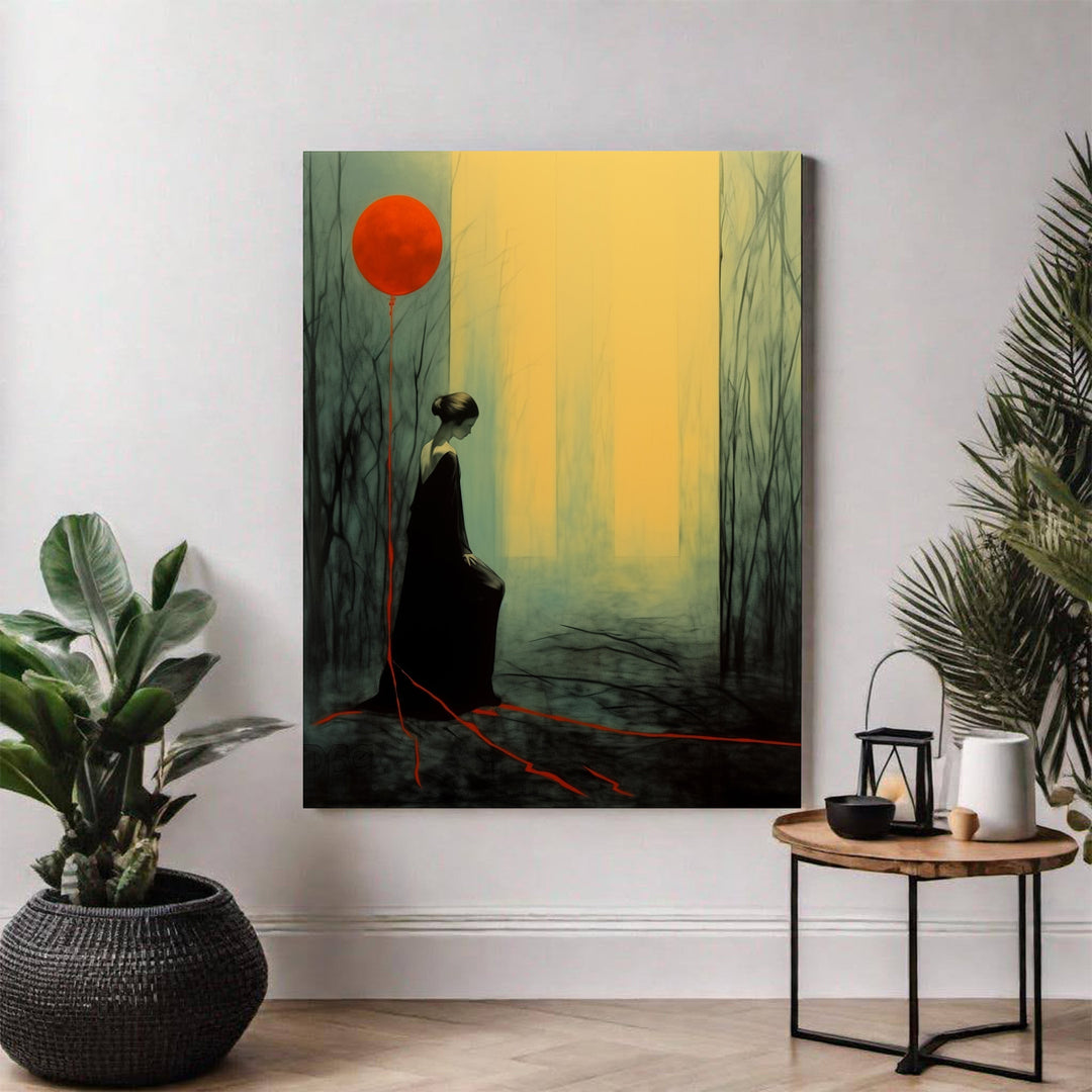 Wadi Home framed art print of a woman in a black dress holding a red balloon in a misty forest.
