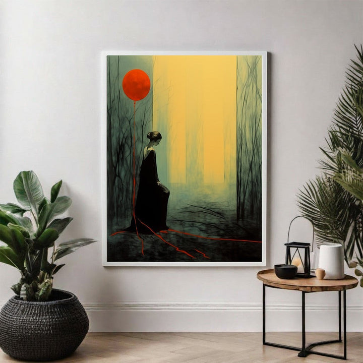 Wadi Home framed art print of a woman in a black dress holding a red balloon in a dark, misty forest.