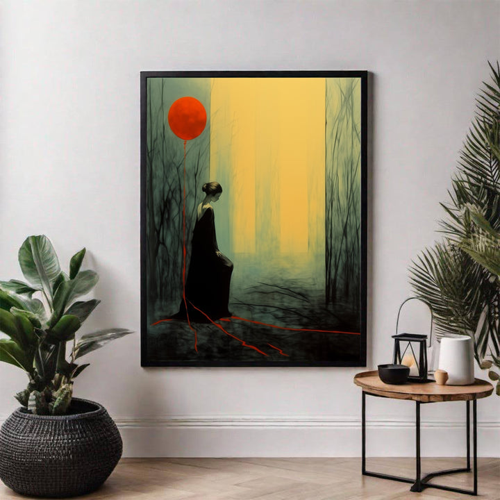 Wadi Home framed art print of a woman in a black dress holding a red balloon in a dark, misty forest.