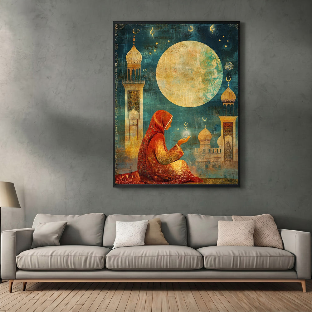 Wadi Home framed wall art featuring a woman in a red hijab praying under a large moon and mosque architecture.