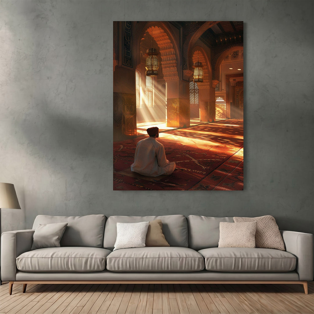 Wadi Home framed wall art print featuring a person in prayer inside a sunlit mosque with golden arches and lanterns.