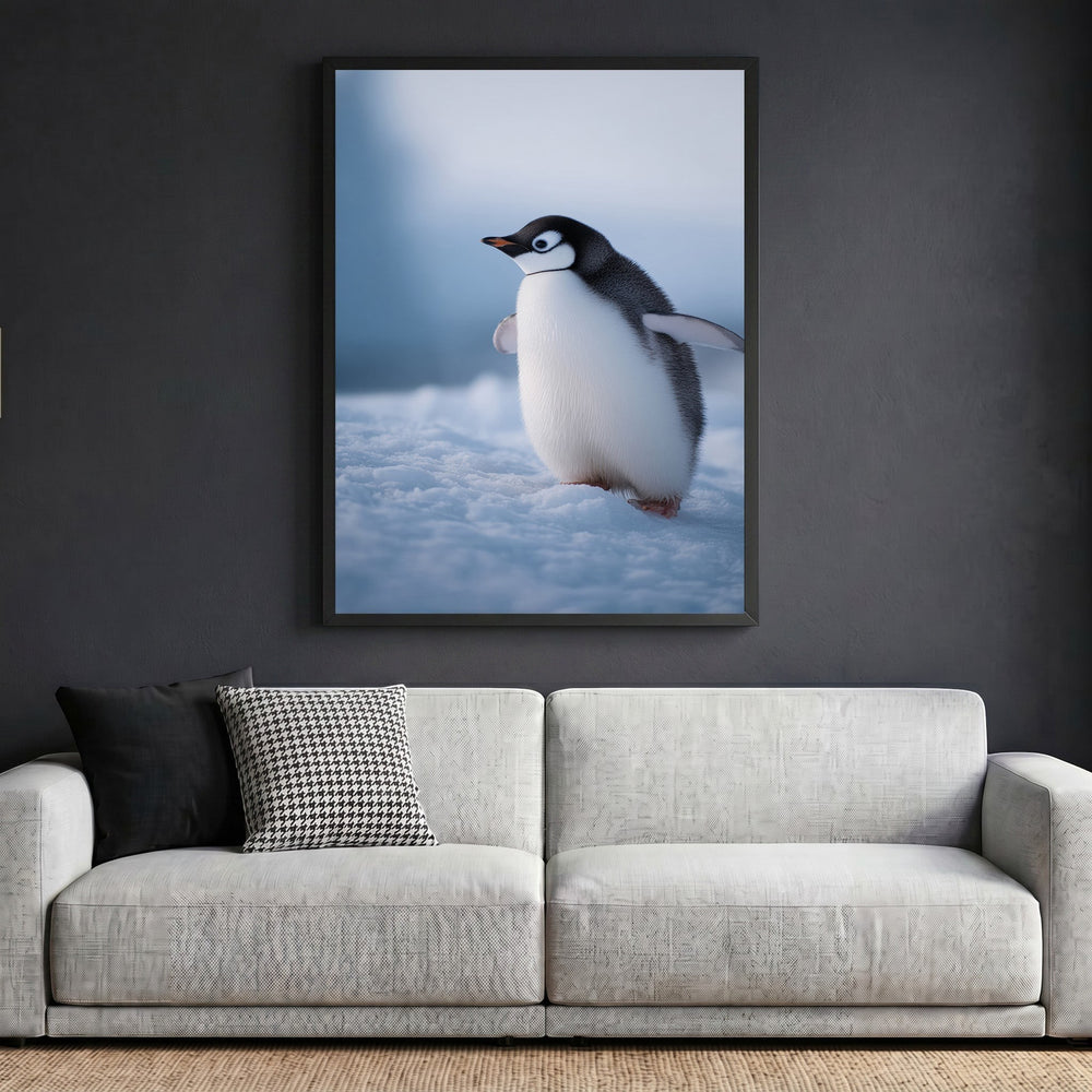 Wadi Home framed penguin wall art print featuring a young penguin in snow, displayed above a modern grey sofa.