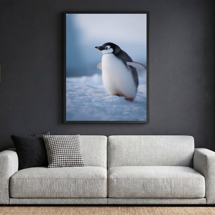 Wadi Home framed penguin wall art print featuring a young penguin in snow, displayed above a modern grey sofa.