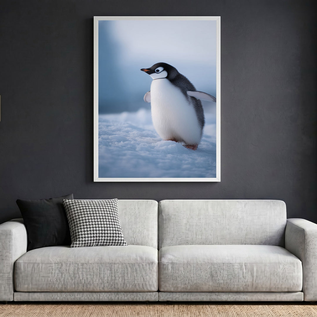 Wadi Home framed penguin wall art print featuring a young penguin in a snowy landscape above a modern grey sofa