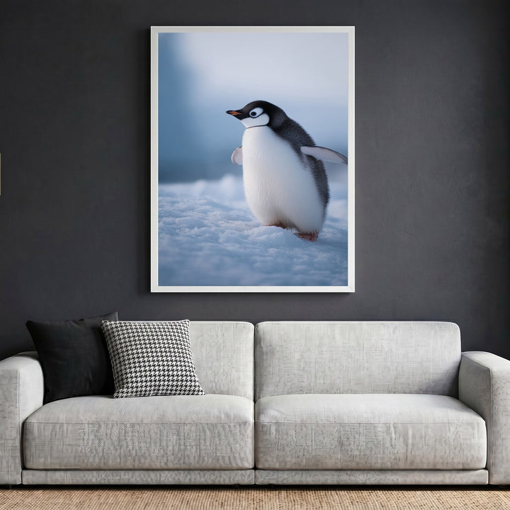 Wadi Home framed penguin wall art print featuring a young penguin in a snowy landscape above a modern grey sofa