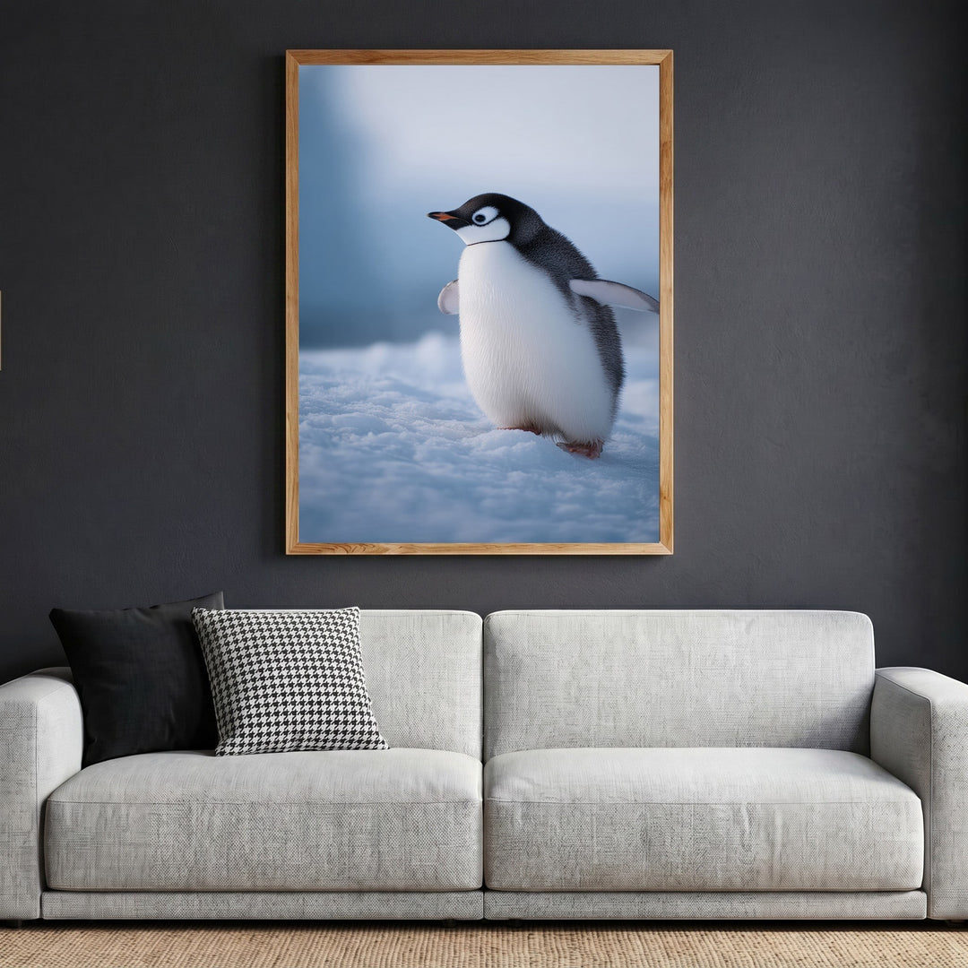Wadi Home framed penguin wall art print featuring a young penguin in snow, displayed above a modern grey sofa.