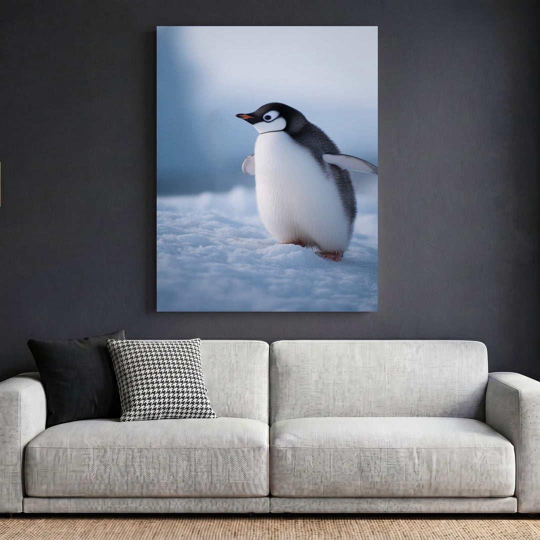 Wadi Home framed penguin wall art print featuring a young penguin on snow, displayed above a modern grey sofa.