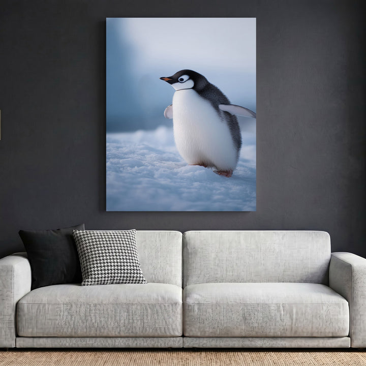 Wadi Home framed penguin wall art print featuring a young penguin on snow, displayed above a modern grey sofa.