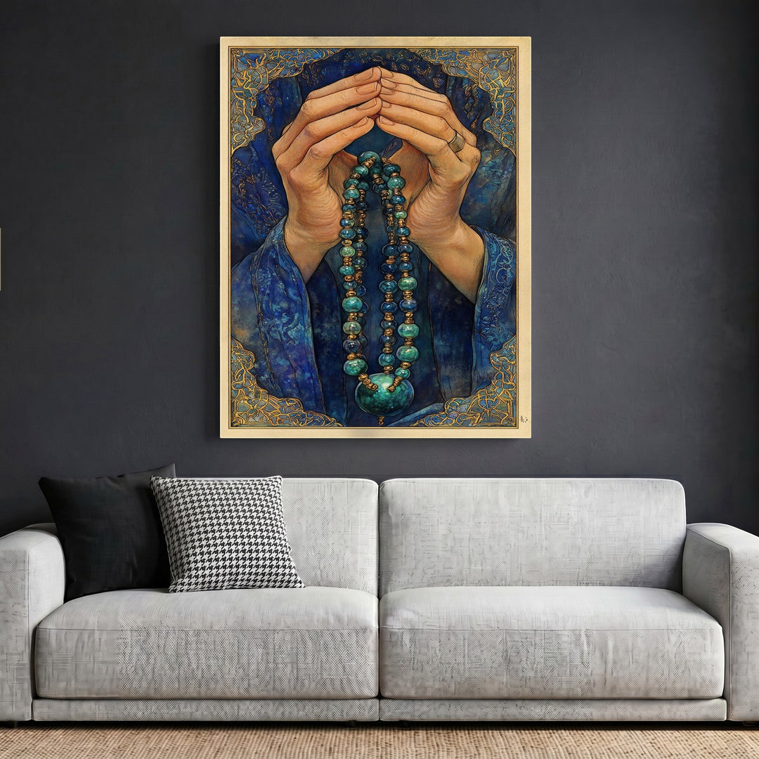 Wadi Home framed wall art featuring hands in prayer with blue prayer beads and gold accents on a dark blue background.