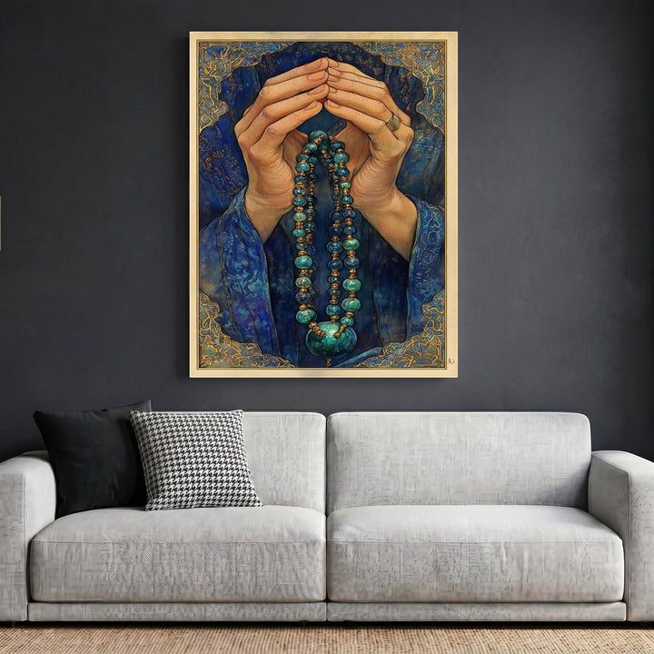 Wadi Home framed wall art featuring hands in prayer with blue prayer beads and gold accents on a dark blue background.
