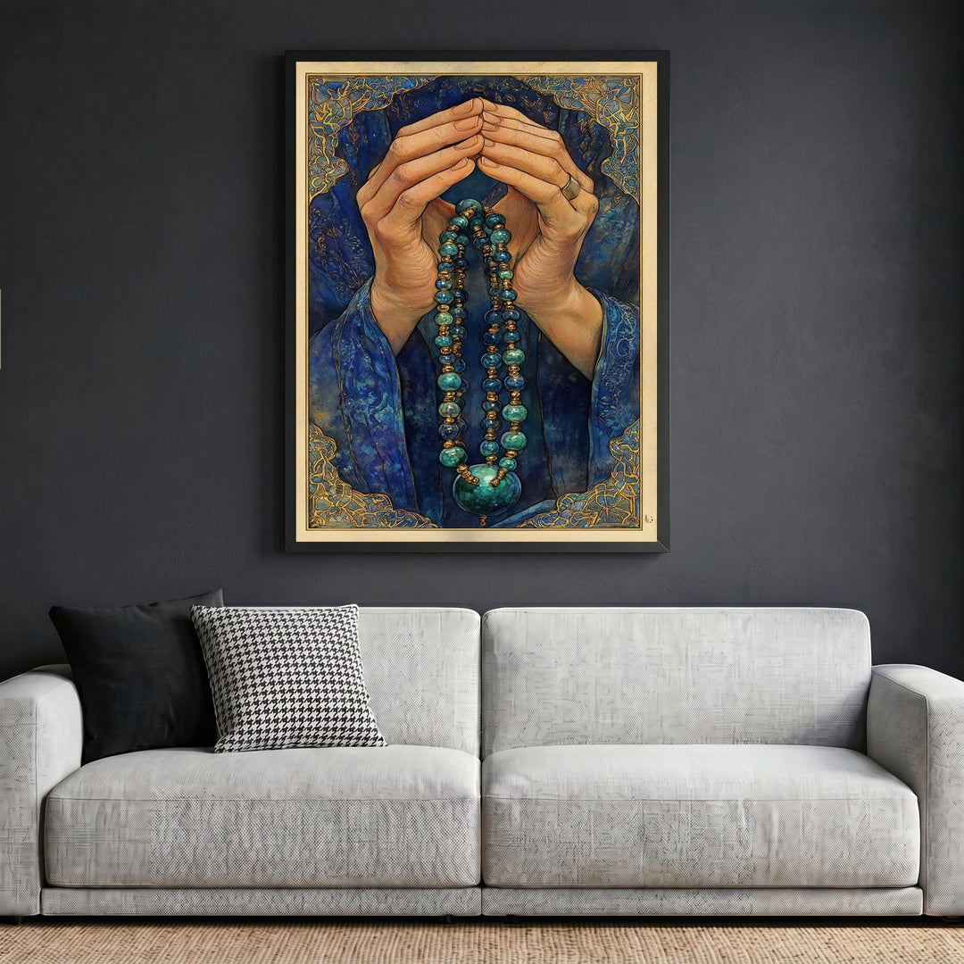 Wadi Home framed wall art print featuring hands in prayer with blue and gold beaded prayer beads on a dark wall.