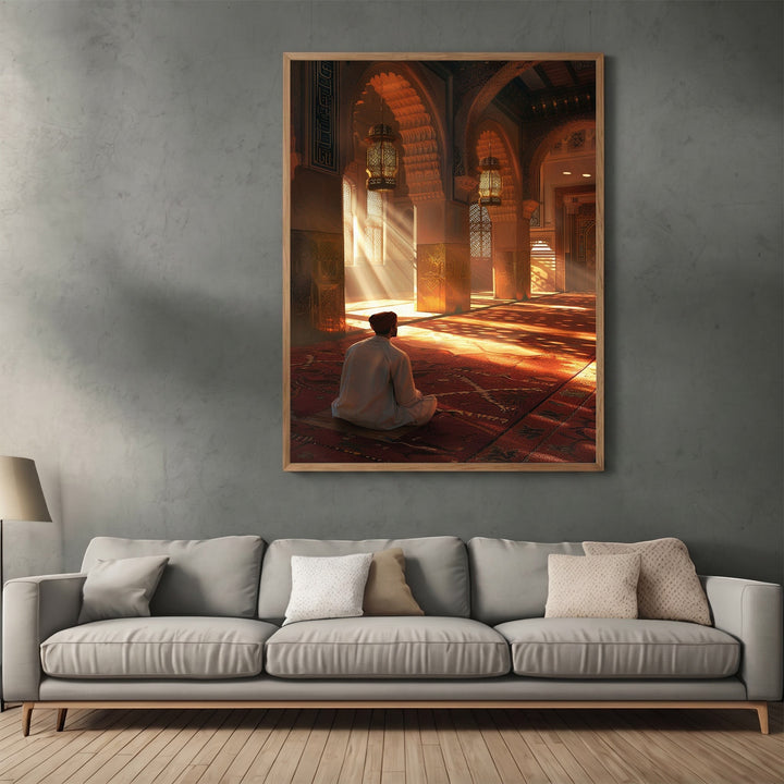 Wadi Home framed wall art print featuring a person praying in a sunlit architectural space with golden arches.
