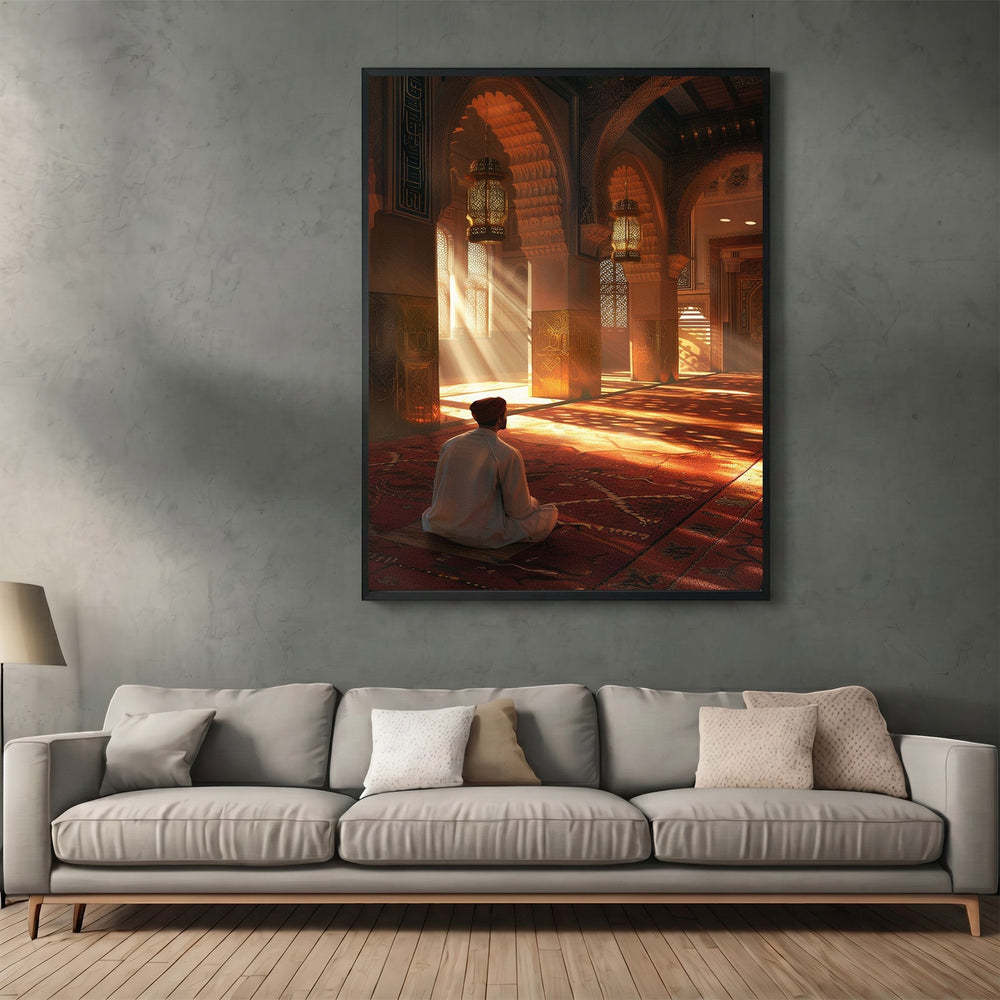 Wadi Home framed wall art print featuring a person praying in a sunlit architectural space above a grey sofa.
